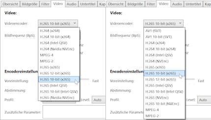Confronto tra i codificatori di HandBrake: codificatori disponibili con il processore Intel di 12a generazione e Nvidia GeForce RTX 3080. A sinistra la normale versione più recente, a destra la versione snapshot, detta anche nightly o notturna (data: settembre 2022).