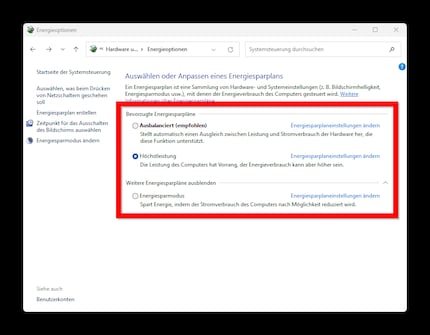 … are listed as power plans on a desktop PC.