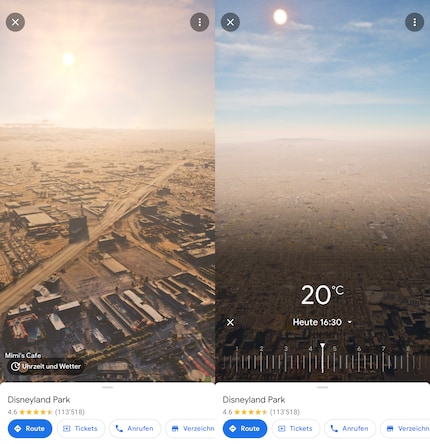 My example with Disneyland Los Angeles with the current view and on the right with the time set.