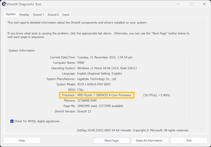 In the DirectX Diagnostics tool, you can check out your processor and discover further details about your machine.