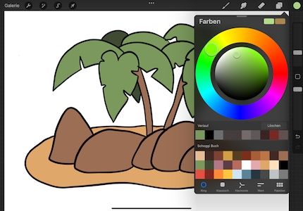 In the colour wheel, select a slightly lighter green than the palm leaves.